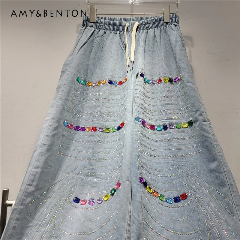 2025 ربيع الخريف جديد الصناعة الثقيلة الملونة حجر الراين الدنيم قميص طويل الأكمام مجموعات الشارع الاتجاه جان السراويل قطعتين مجموعة