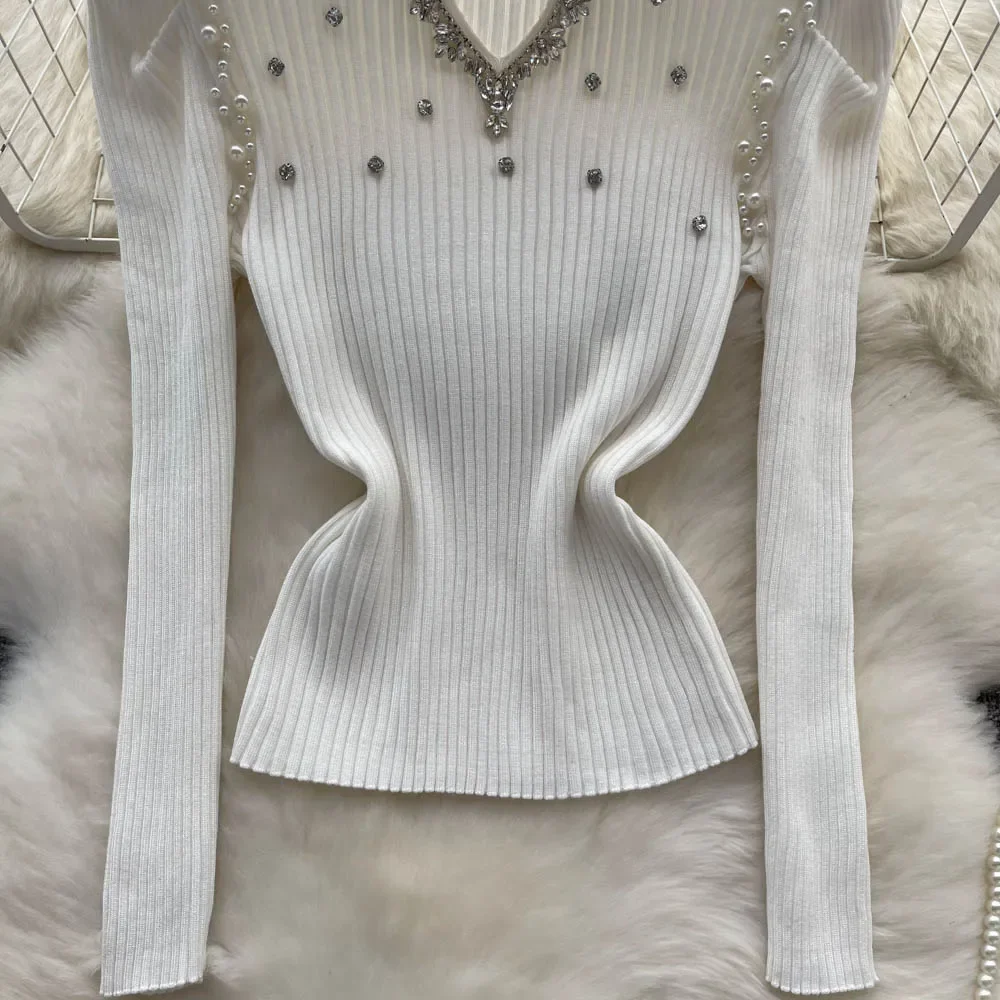 winter Elegant Diamond Pearl Beading Short Pullover Sweater Fashion Elastic Knitted Puff Long Sleeve O-Neck Knitwear