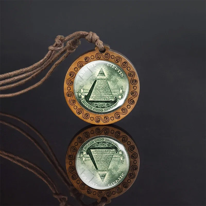 All Seeing Eye Luminous Wooden Necklace Eye of Providence Wood Carved Pendant Vintage Ropechain Necklace Pyramid Glowing Jewelry