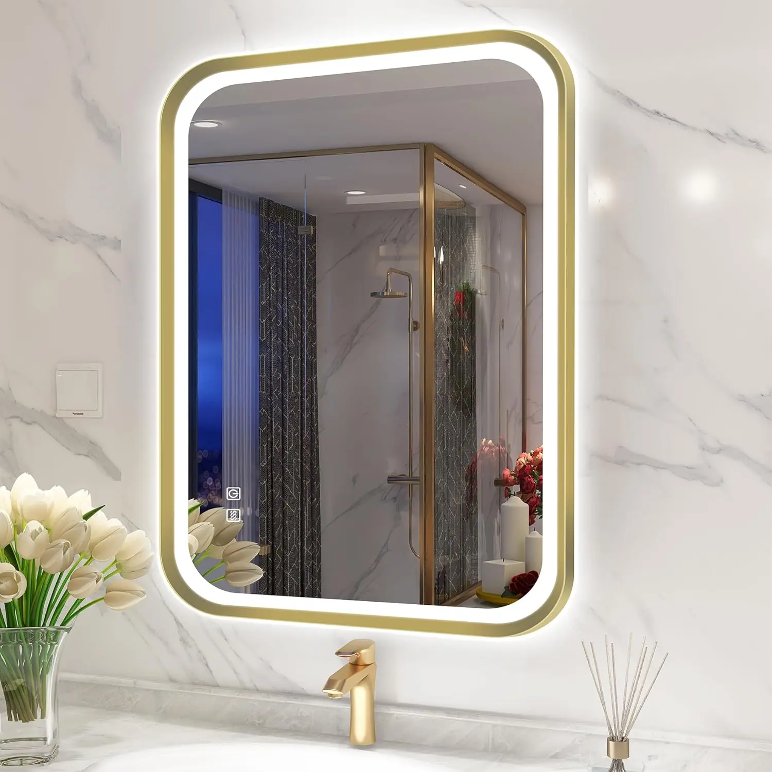 

32X24 Gold LED Mirror for Bathroom with Frontlit & Backlit, LED Bathroom Mirror with Metal Frame