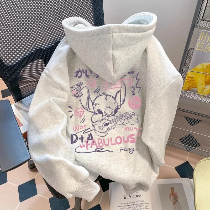 Miniso Oversized Disney Stitch Harajuku Plush Hoodies Cute Cartoon Printed Hooded Sweatshirt Long Sleeve Casual Hoodie For Women