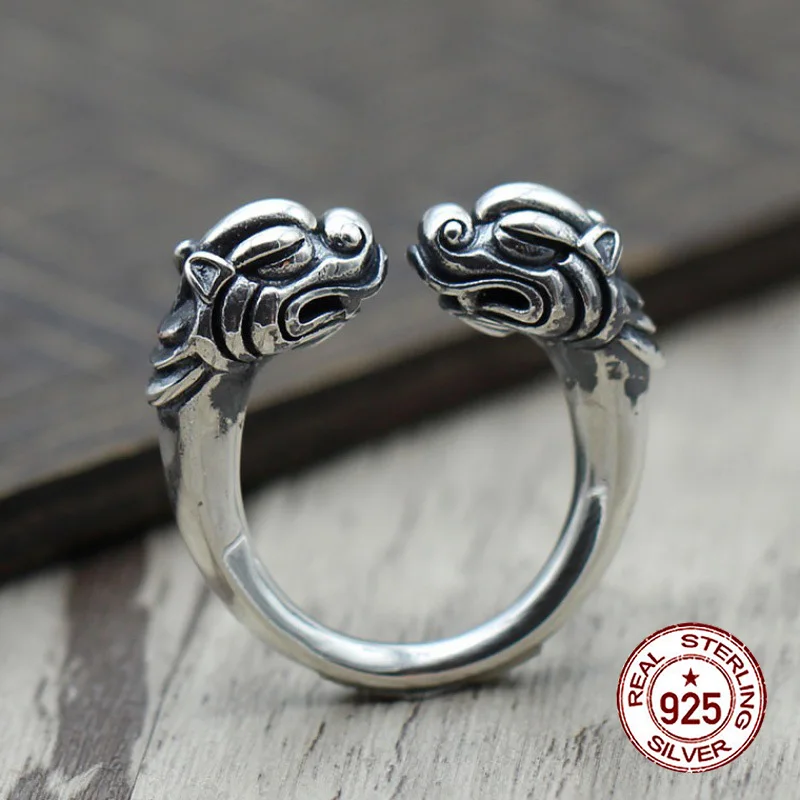 S925 sterling silver ring, Pixiu dragon head ethnic style ring, original design, domineering punk hip-hop fashion