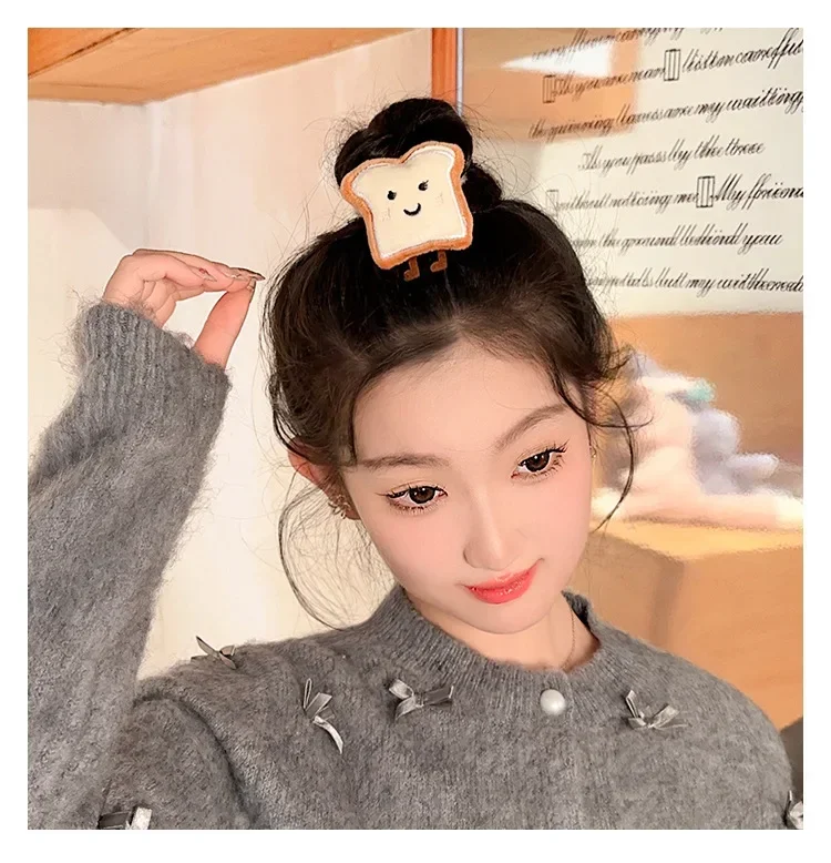 1pc Cartoon Cheese Toast Bread Head Rope Cute Horsetail Hair Loop Ball Hair Decor Soft High Elastic Hair Rope Daily Decor
