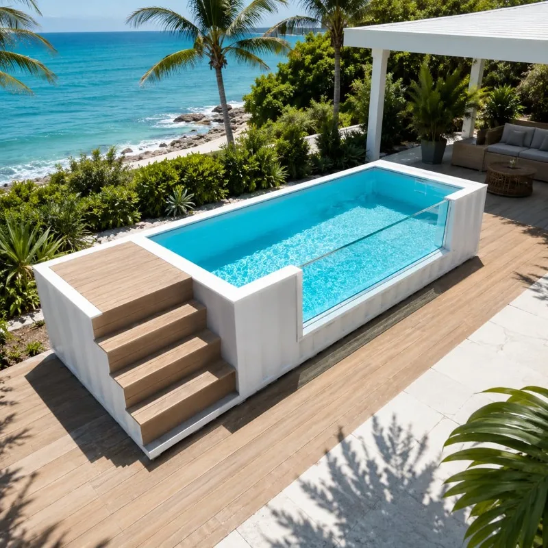 Prefab Steel Container Pool Deck Stair Layout Customized Pool Shape with Long Window Backyard Outdoor Landscape