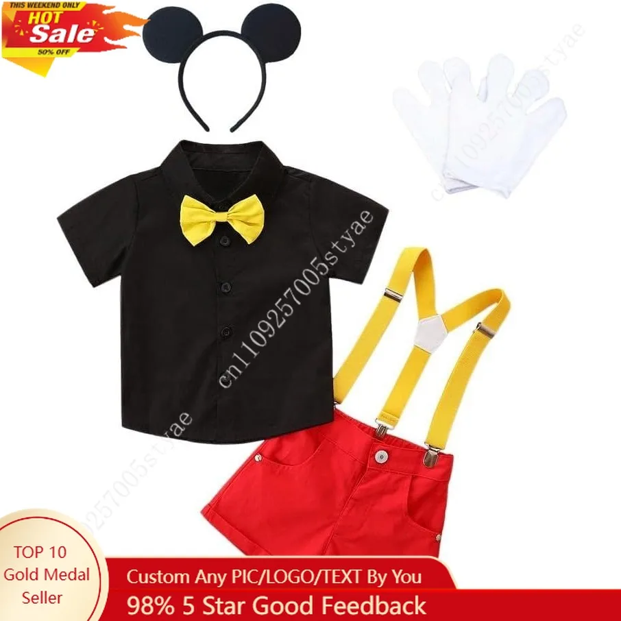 

Disney Mouse Halloween Costume Fancy Party Dress Up Suit Set with Mouse Ears and Gloves Boy T-Shirt Shorts Soft Tops Set for Kid