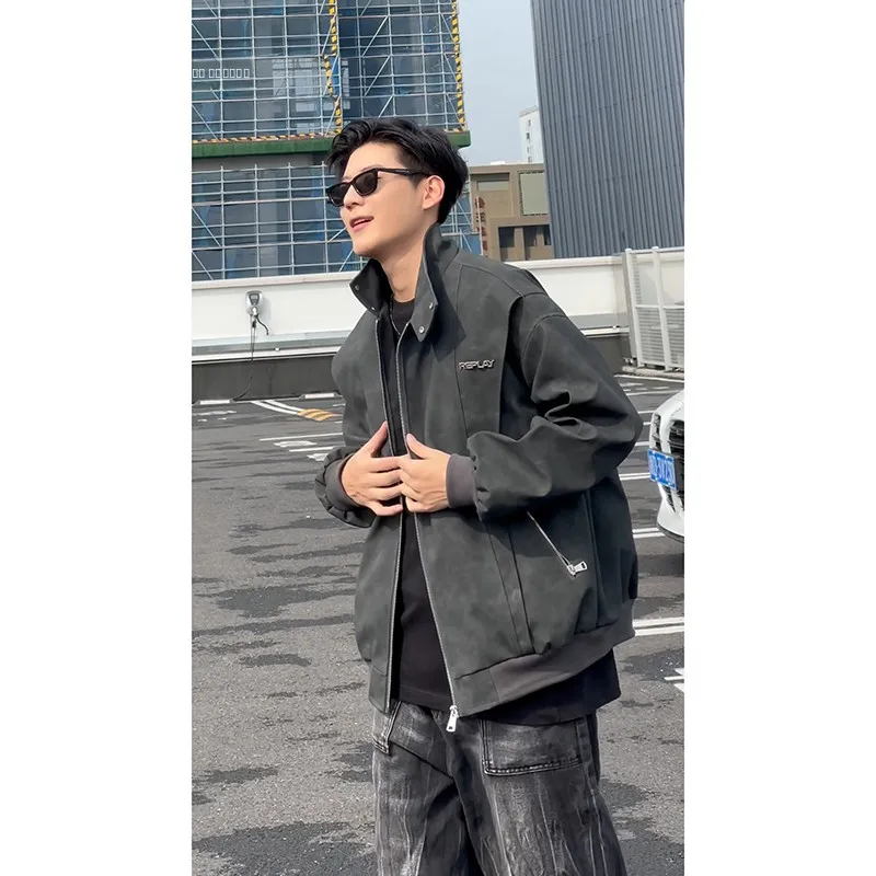 

Bla ort Leather Jaet Men's Spring Autumn Workwear Stand Collar Jaet Cleanfit American Baseball orm Loose Fit PU L...