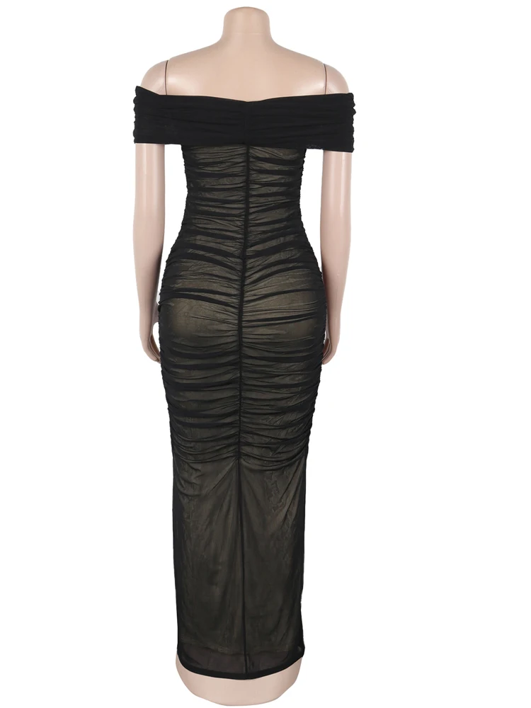 Kricesseen Robe longue froncée en maille transparente pour femme - Robe de soirée élégante plissée sans bretelles - Tenue de festival - Clubwear