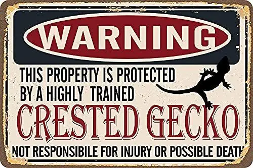 Metal Sign Warning Property Protected by Crested Gecko Retro Metal Tin Sign 8x12