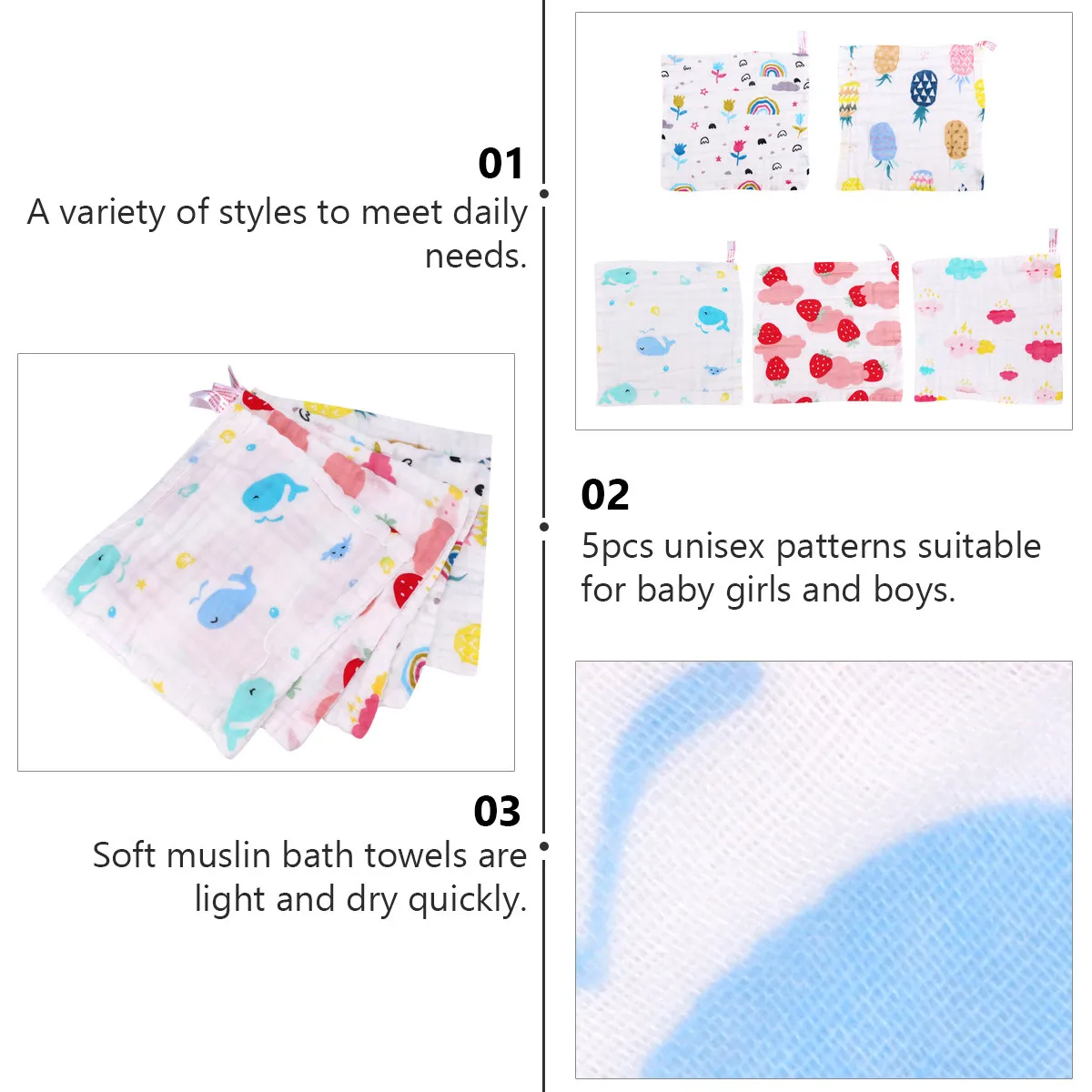 

5pcs Face Towels Cotton Muslin Washcloths 6 layer Kids Towel kerchiefs Newborn Bibs Square Teething Cloths