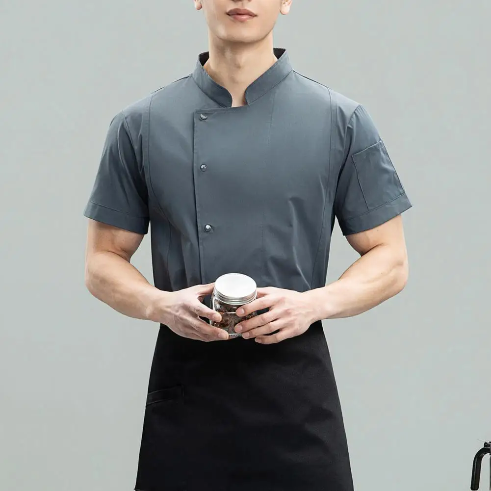 Comfortable Kitchen Wear Stand Collar Short Sleeve Chef Coat Solid Color Workwear Professional Chef Apparel