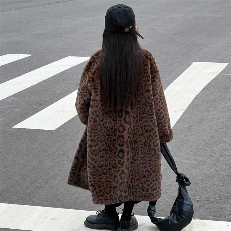Leopard-Print Girls Jackets Kids Winter Warm Faux Fur Coats Children's One-Piece Fur-Lined Outerwear Teenager Thicken Clothes