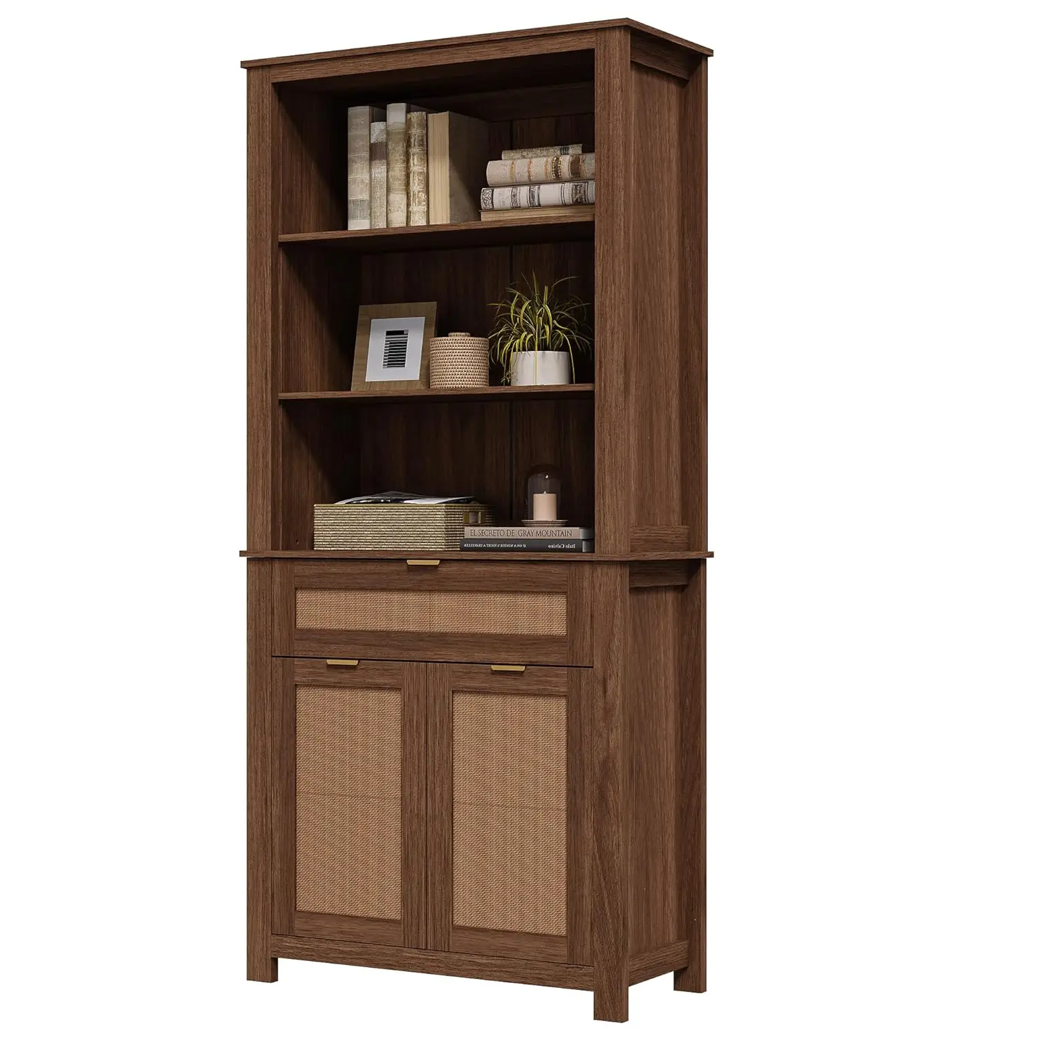 

5 Tier Rattan Bookshelf with Drawer, 71" Tall Boho Bookcase, Large Wooden Farmhouse Bookshelf with Doors Storage, Customized