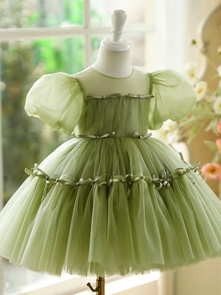 Luxurious Girls Princess tutu Dress Children green Bow Fluffy Wedding flower girls Prom Gown baby  Birthday Party Kids Dresses