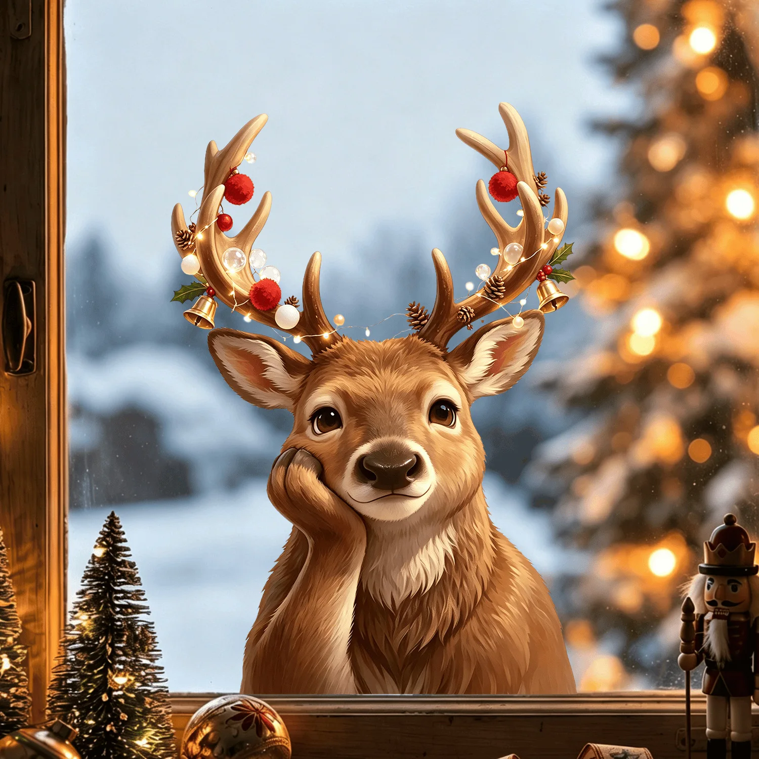 1pcs Christmas Cheek Reindeer Window Static Cling Stickers for Home Store Displays Doors Glass No Glue Waterproof Vinyl Decals
