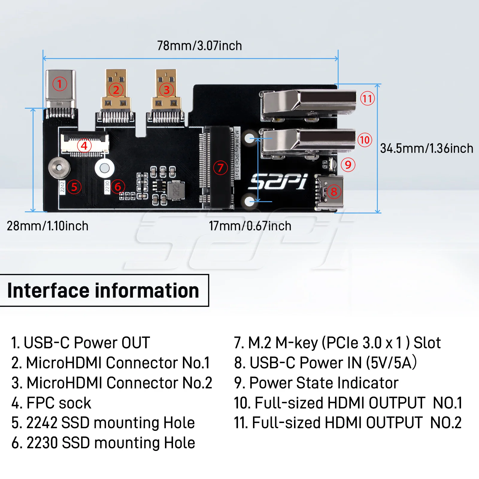 Adaptor Multifungsi Micro HDMI ke HDMI 52Pi dengan PCIe 3.0x1 M.2 NVMe 2230/2242 untuk Raspberry Pi 5