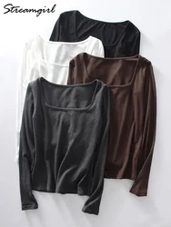 Basic Long Sleeve T-shirt Women Elastic Solid Slim Fit Casual Top Tees Spring Big Neck Tshirt For Eomen Pullovers Coffee 2025