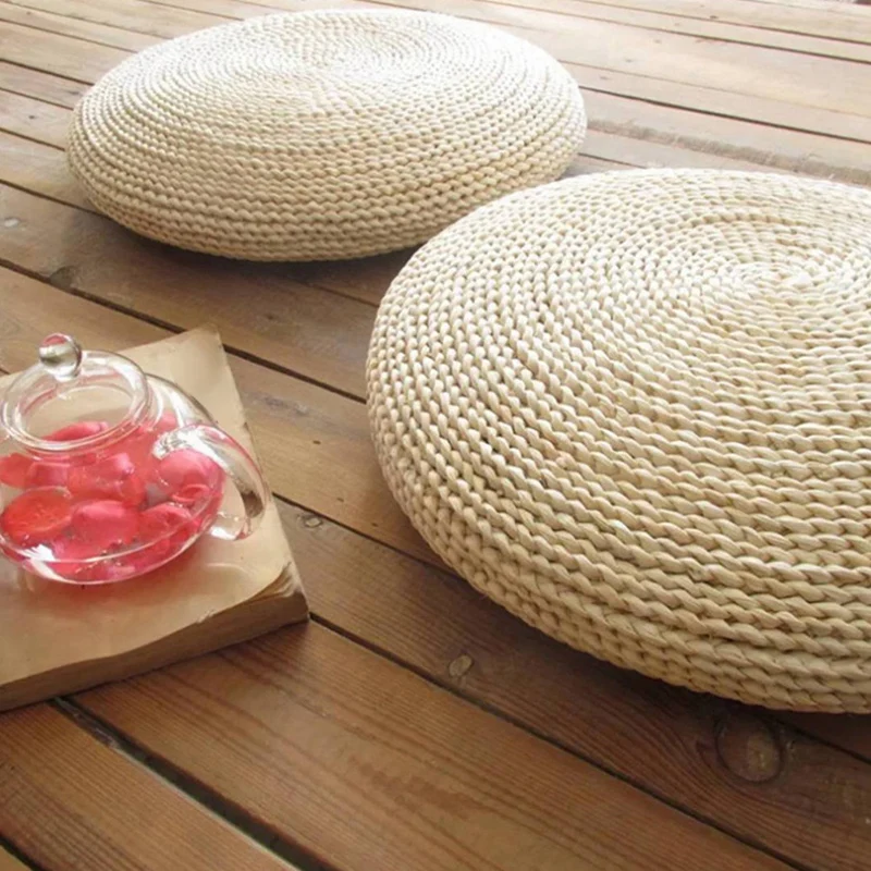 2X Round Natural Pouf Hand-Made Weaving Cushion Fill The Silk Floss Pillow Soft Yoga Chair Seat Mat Tatami Window Pad(B)