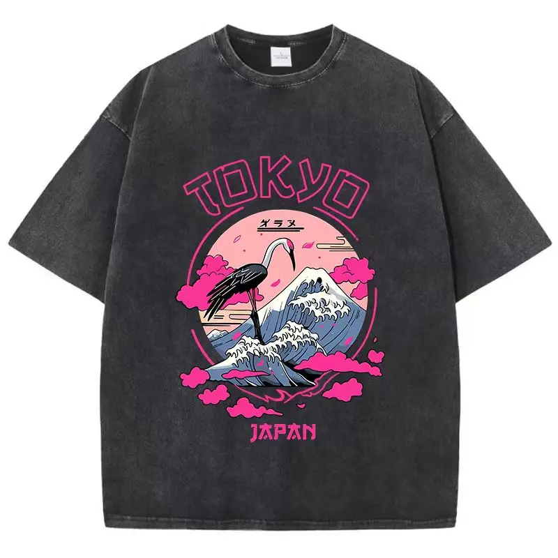 Japanese Red Crowned Crane Mount Fuji Printed Washed Black Hip Hop Tshirts Women and Men Short Sleeve Y2k Aesthetic Oversize Tee