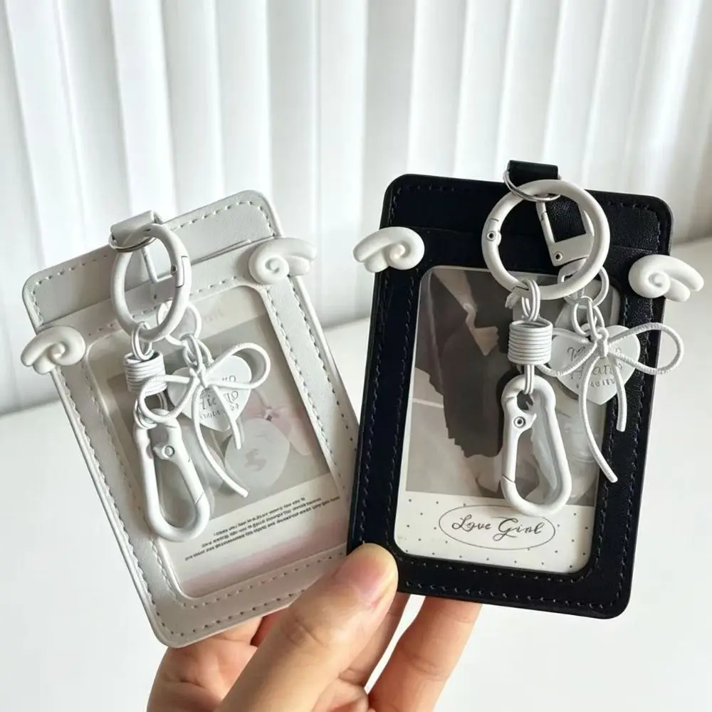 PU Leather Card Holder with Keychain White Wings ID Card Card Holder Bowknot Double Card Slot Photos Protective Cover