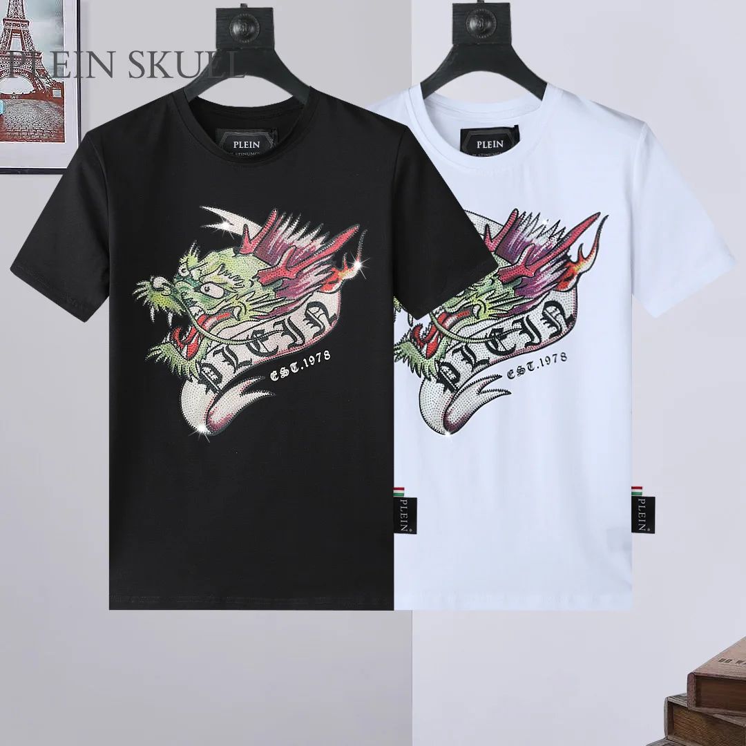 PLEIN SKULL Dragon Head Hot Diamond Short Sleeve Summer Breathable Men's Fitness T-shirt Breathable Men's and Women's Sports Top
