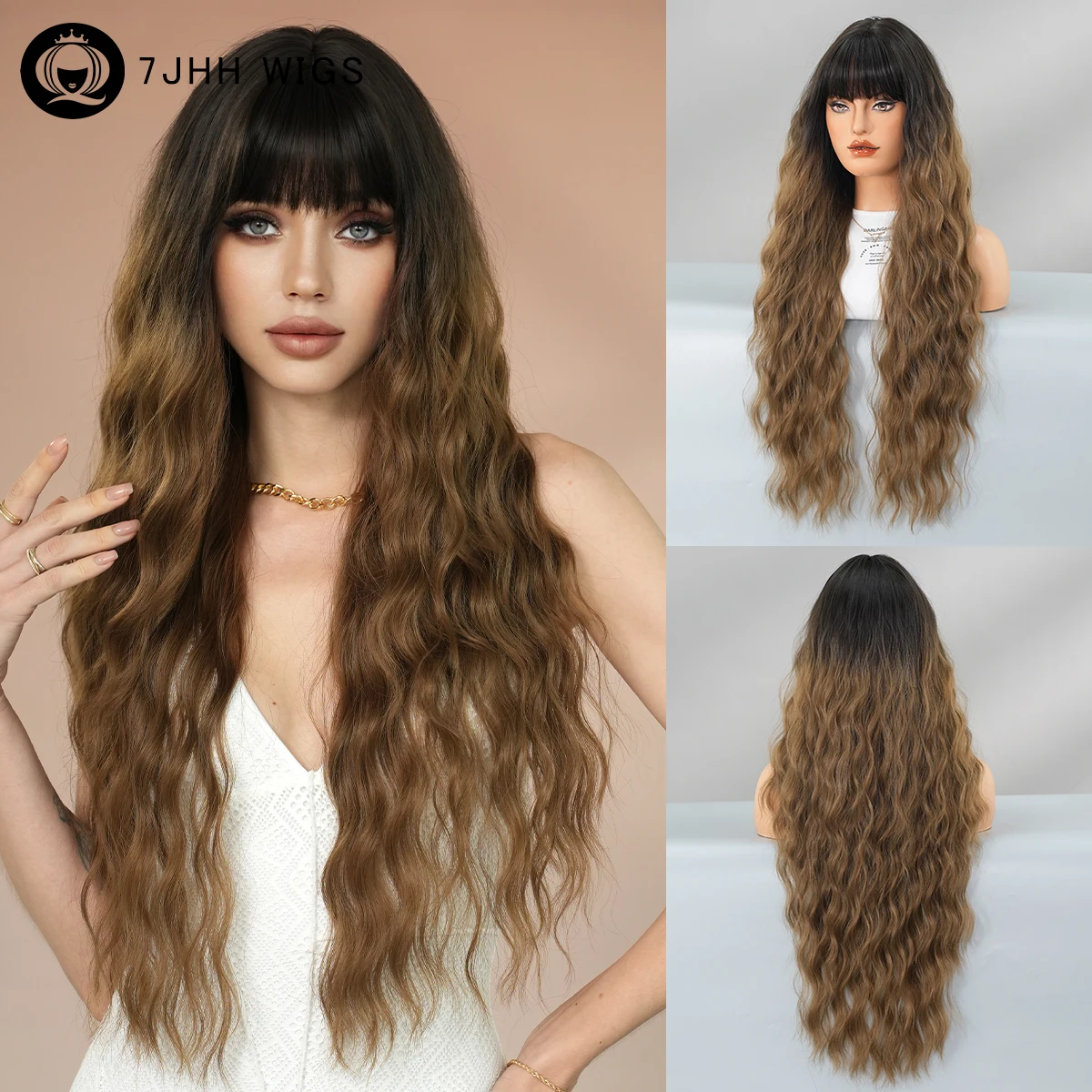 

Long Water Wavy Black Ombre Brown Wig for Women Modest Fashion Wigs with Neat Bangs High Density Synthetic Heat-Resistant Fiber