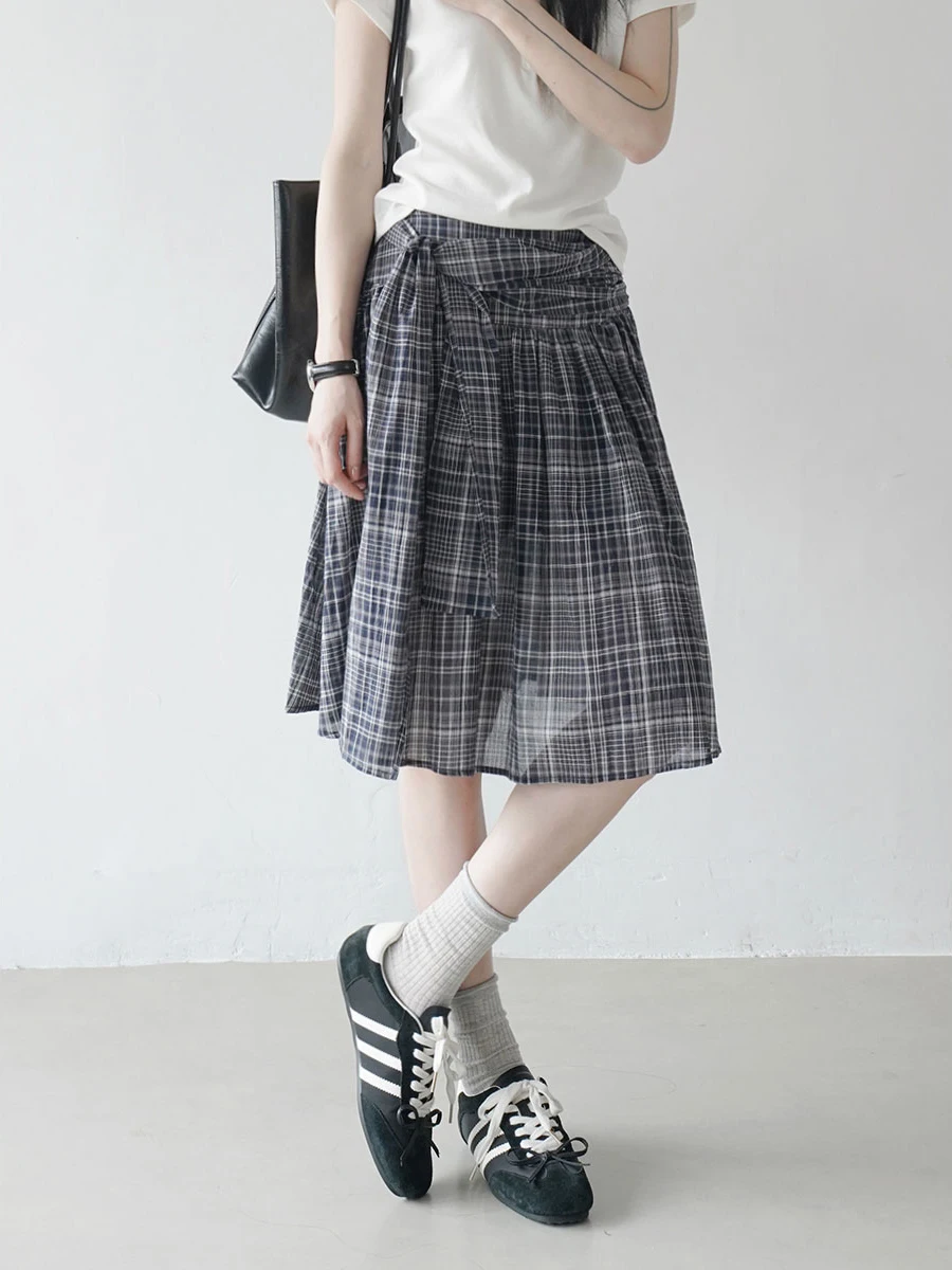 

Весенне-летняя винтажная клетчатая юбка А-силуэта с высокой талией, женская, в студенческом стиле, миди, с поясом, свободного кроя, лето 2026
