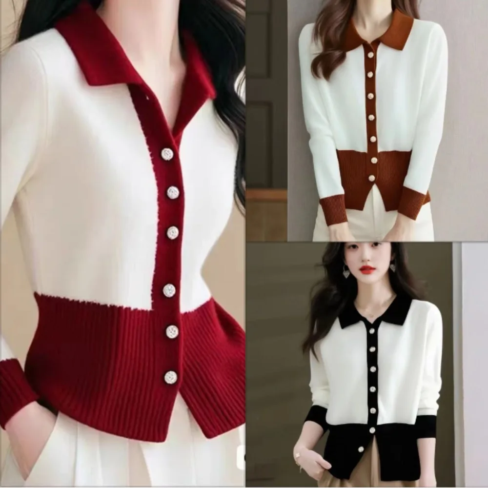 

Elegant Knitted Cardigan Women Contrast Color Lapel Long Sleeve Slim Casual Coat Top