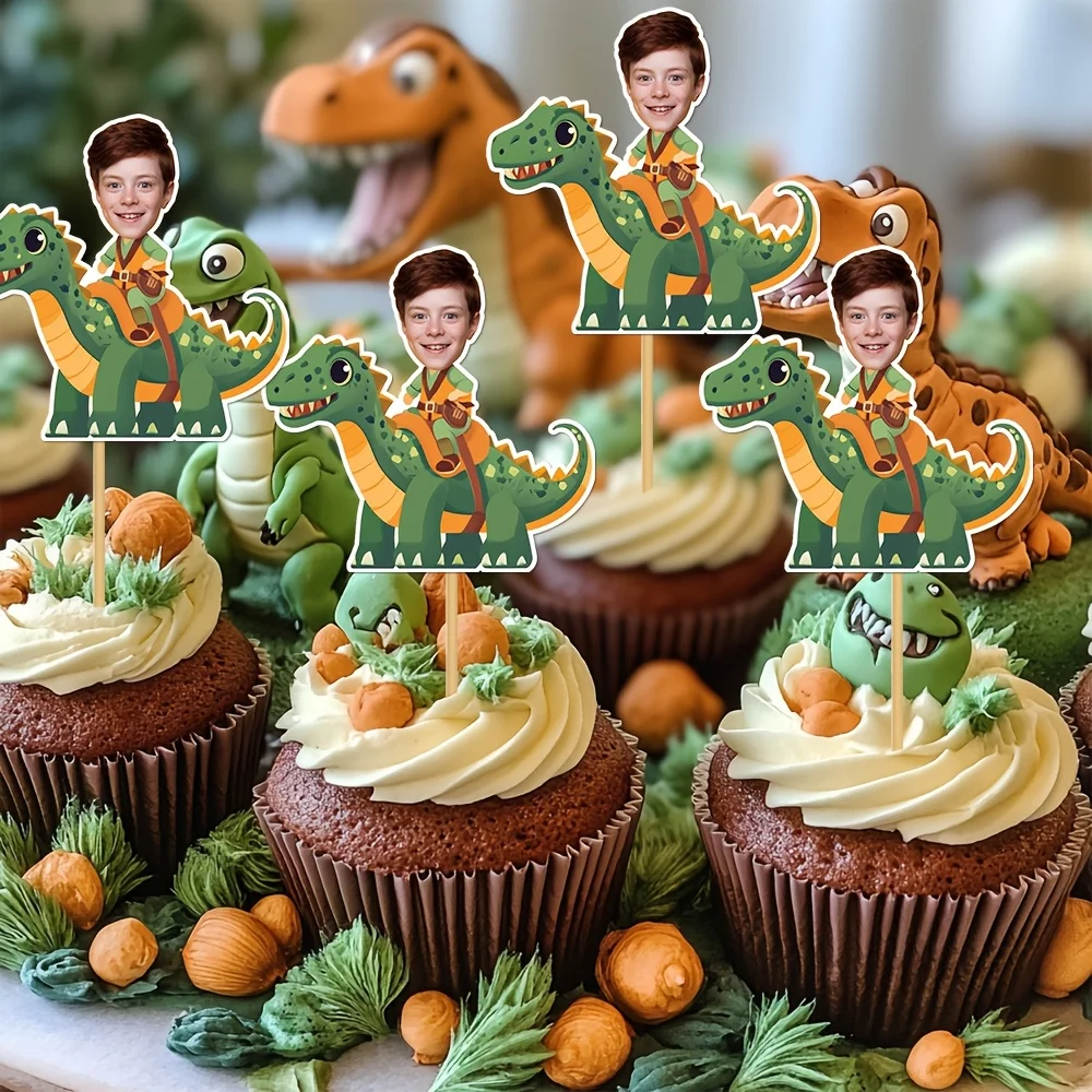 Personalized Dinosaur-Themed Cupcake Toppers, Customizable Dinosaur Knight Head Cake Decorations, Dinosaur-Themed Birthday Party Decorations, Dinosaur 1St Birthday Party Supplies, Suitable for Happy Birthday Cake Decorations for Christmas, New Year, Valentine's Day, and Party Events