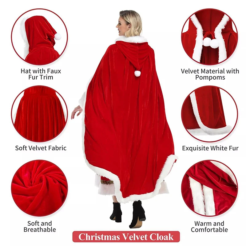 Full Length Hooded Velvet Cloak Christmas Santa Claus Plush Trim Tie Up Red Cape Holiday Cosplay Costume