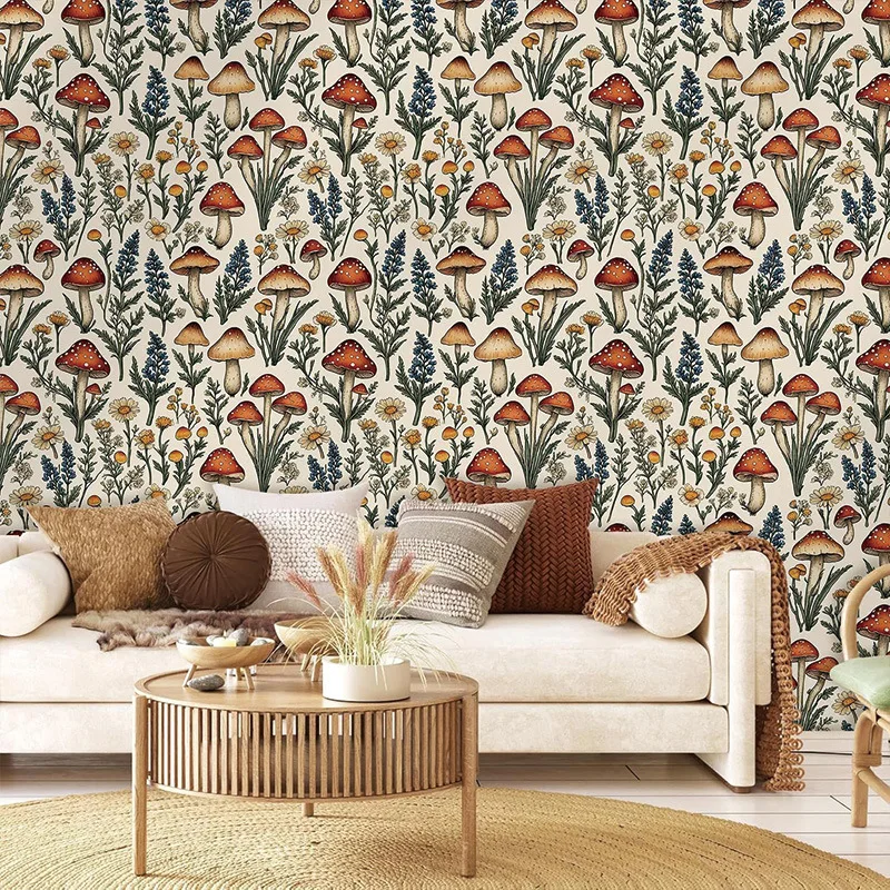 Cottagecore Amanita Mushroom Floral Self Adhesive Wallpaper Retro Wild Flower Contact Paper Wall Sticker for Apartment Furniture