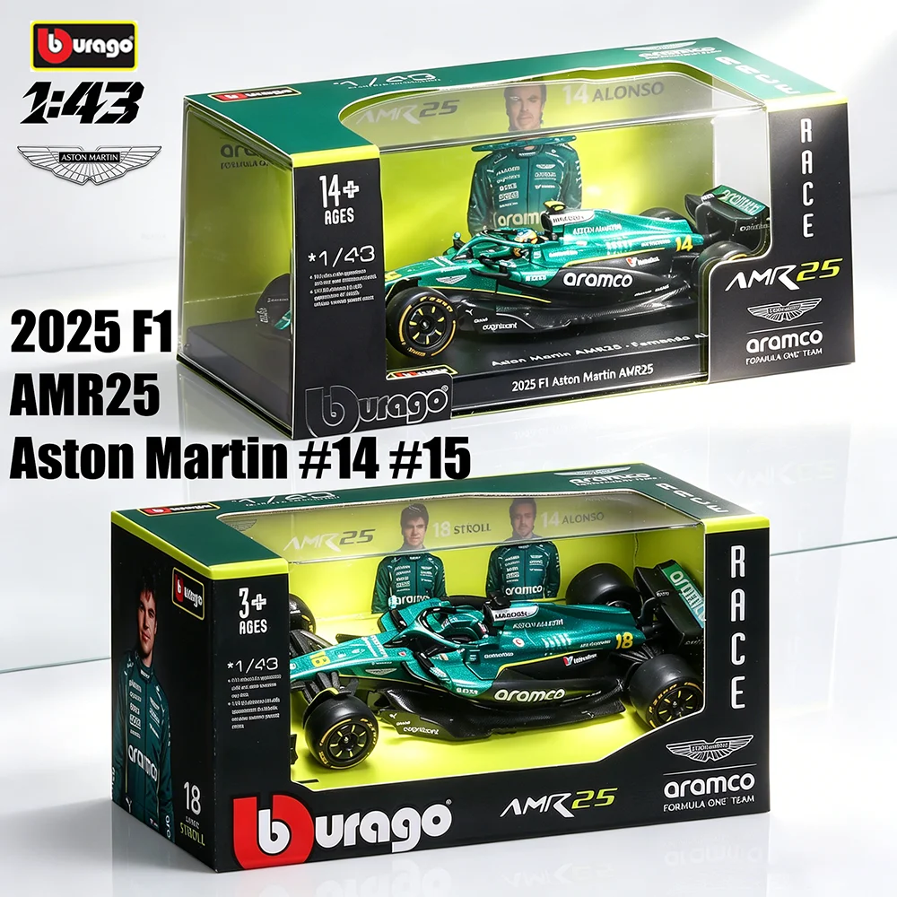 Bburago 1:43 Modèle de voiture de course F1 Aston Martin AMR25 2025 en métal moulé sous pression, jouet miniature de collection # 14 Fernando Alonso # 18 Lance Stroll