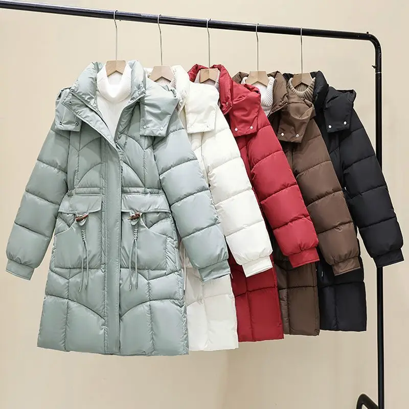 

Women Hooded Parkas Coat Mid Length Solid Jacket Zipper Pocket Drawstring Long Sleeve Thick Slim Office Lady Casual 2025 Winter