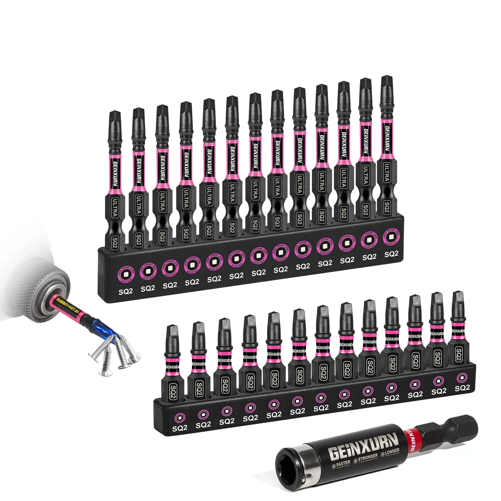 

Geinxurn 27PCS Impact #2 Square Screwdriver Bits Set, Magnetic S2 Steel Bits Set and Impact Bit Holder with Color Coded Base