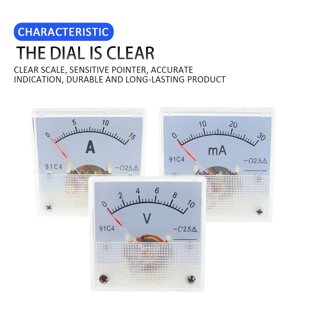 91C4 Ammeter DC Analog 1A 2A 3A 5A 10A 20A 30A 50A 100A 200A 300A 500A Panel Mechanical Pointer Type Amper Meter Current Meter