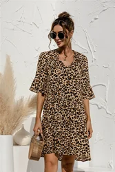 2022 Summer Floral Women Dress Stitching Mini Casual Short Sleeve V-neck Flared Sleeves Female Holiday Sexy Leopard Print Lady