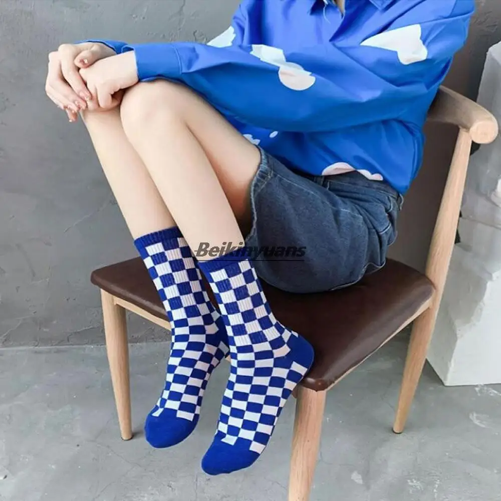 

Checked socks women's socks Klein blue letter big C outside wearing stockings spring and summer Korean cotton colored socks