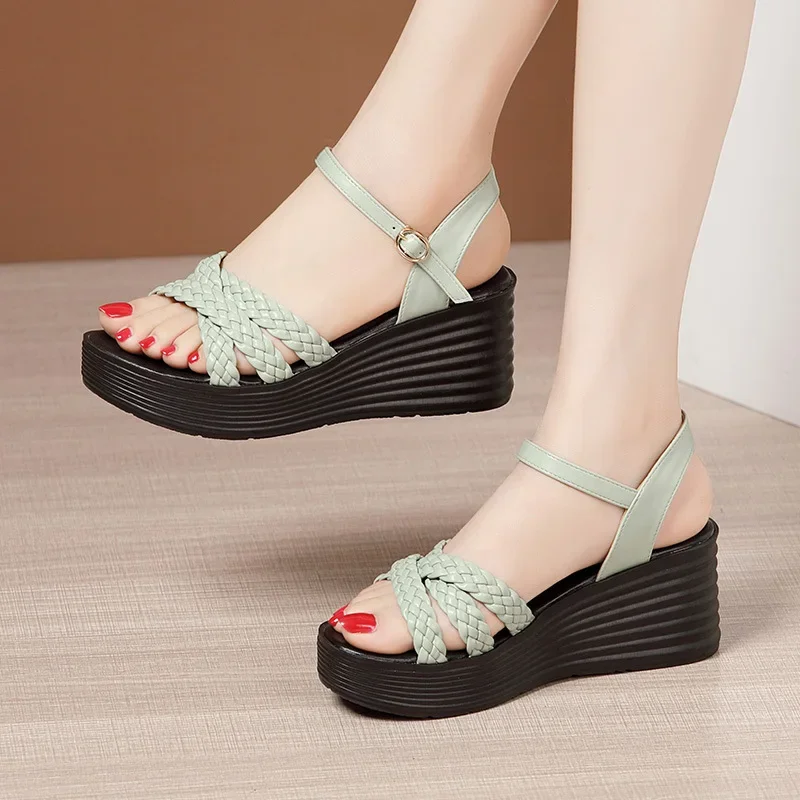 

7cm Small Size 33-43 Knit Comfortable Summer Platform Wedges Shoes Soft Leather 2024 Women's Med Heels Office Mom Beach Sandals