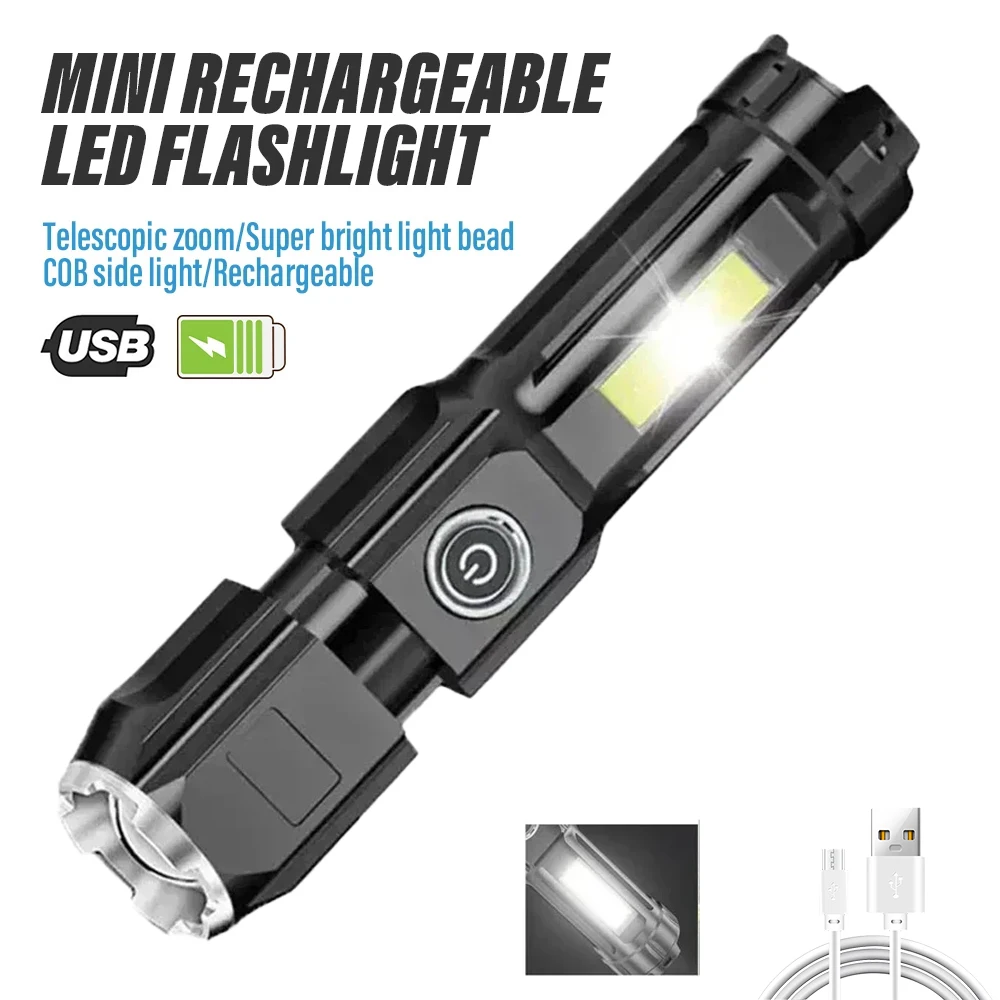 

High Power Light Flashlight Outdoor Portable Telescopic Focusing Flashlight COB with Side Lights Dual Light Source Flashlight