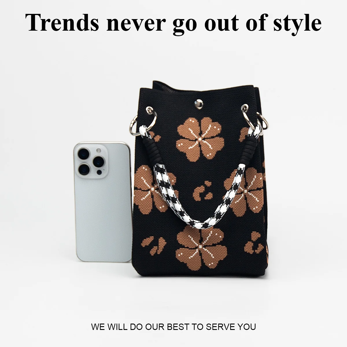 1 Piece of Retro Simple and Stylish Patterned Knitted Handbag, with Magnetic Snap Closure, Large Capacity for Holding Phones, Books, Water Bottles, Cosmetics, Suitable for Women for Commuting, Shopping, Photography, Travel, Vacation, and Daily Use, with Detachable Ring Buckle and Sturdy Multicolor Rope Handle view 4