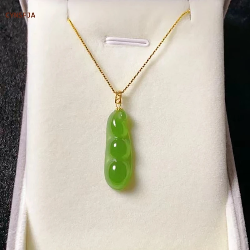 

CYNSFJA New Real Rare Certified Natural Hetian Jasper Nephrite Lucky Wealth Bean Green Jade Hand-carved Bless Birthday Gift