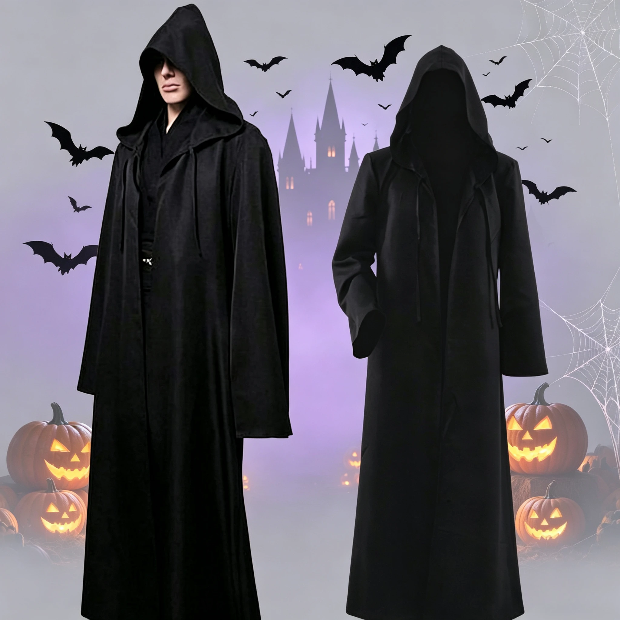 Halloween Jedi Warrior Hooded Cloak Black Wizard Vampire Robe Medieval Knight Cloak Adult Gothic Costume Cape Cosplay Outfit
