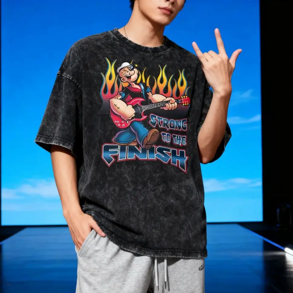 

2025 Мужская стираная футболка для гитары Popeye, футболка с графическим рисунком и пламенем, мужская повседневная удобная уличная футболка в стиле ретро для фитнеса и спортзала