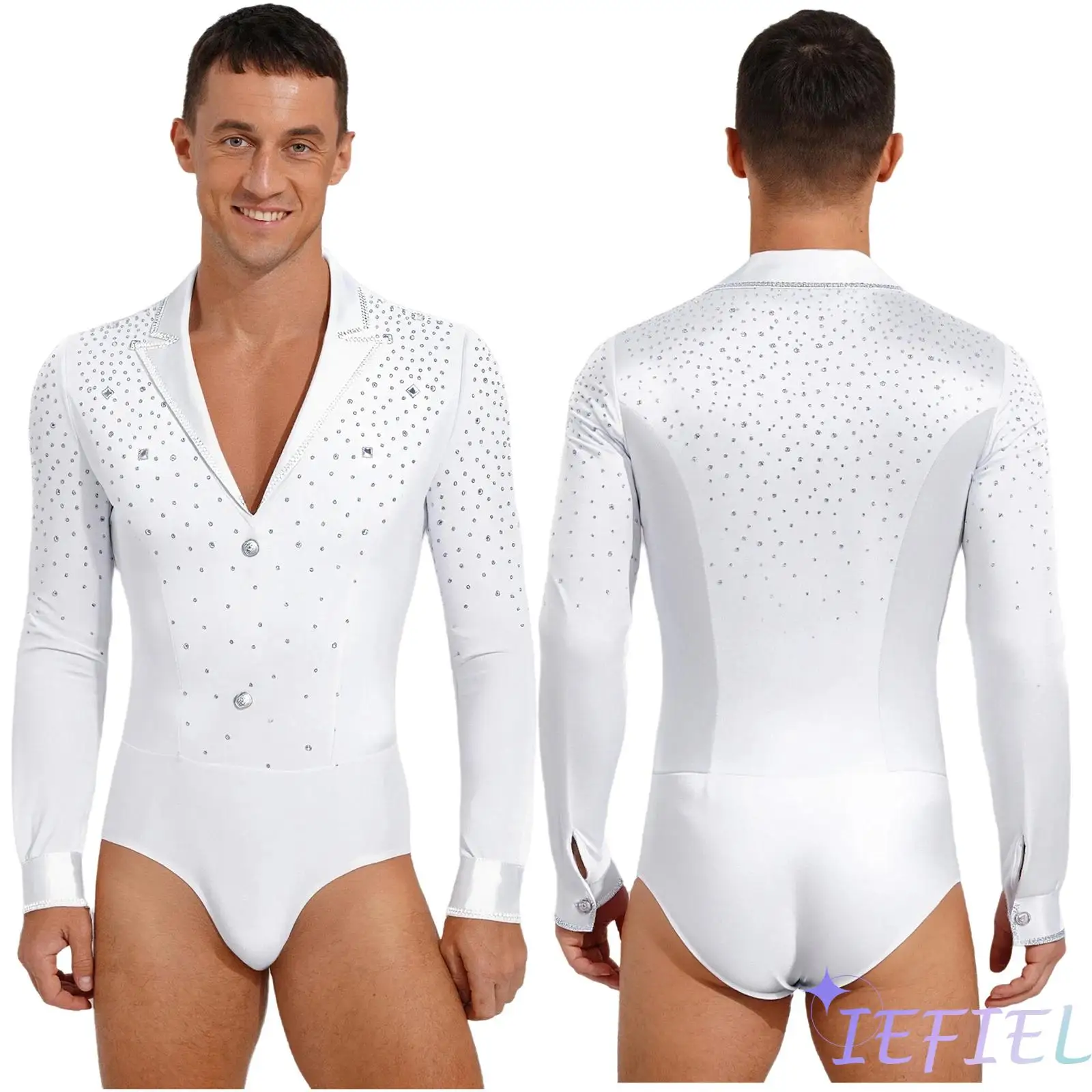 

Elegant Mens Tango Performance Latin Leotard Glittering Lapel And Mesh Layer Breathable Bodysuit for Figure Skating Ballet Dance