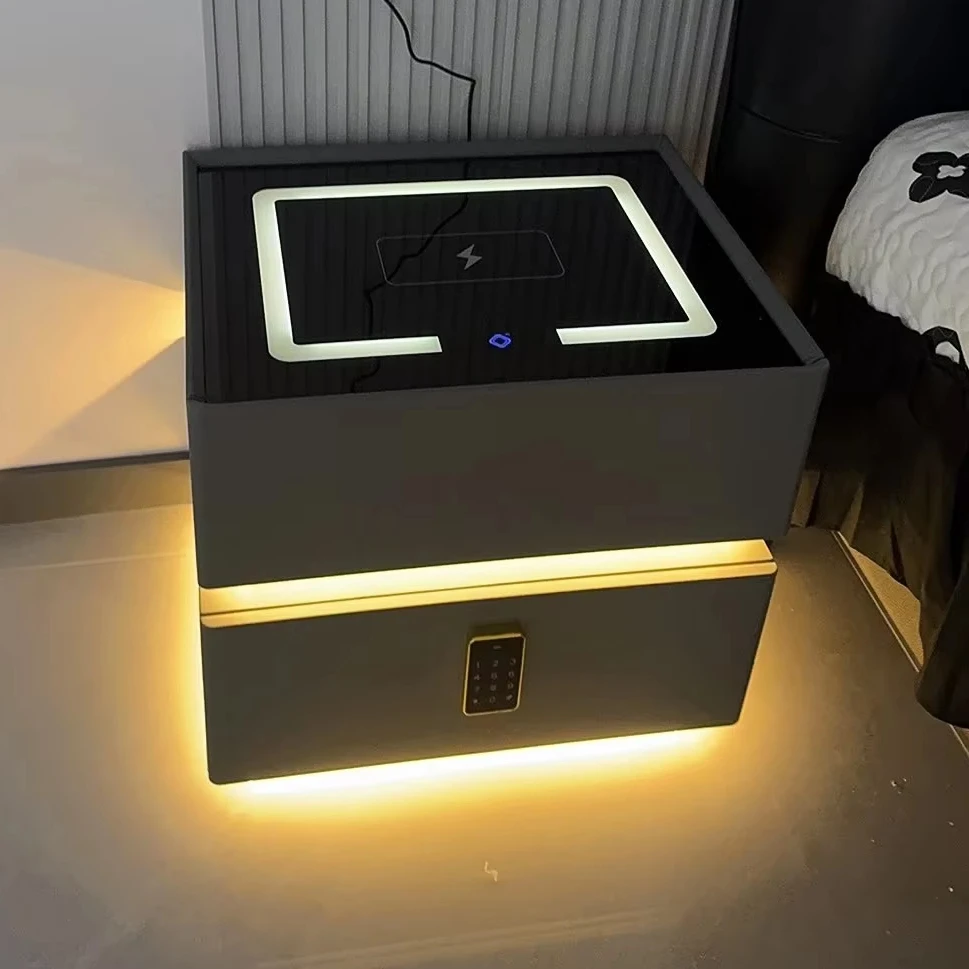 Smart Solid Wood Nightstand No-Drill Wall-Hung Wireless Charging LED Light Bluetooth Speaker Bedside Table for Bedroom