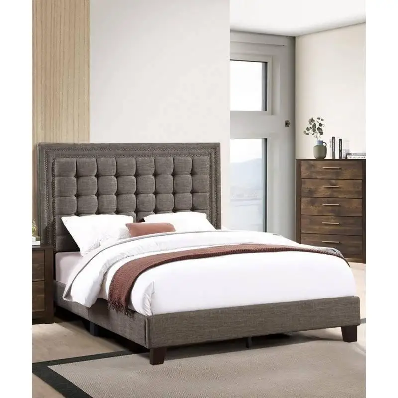 Elegant Queen Size Upholstered Bed with Tufted Headboard in Brown and Espresso Finish Bedroom Furniture