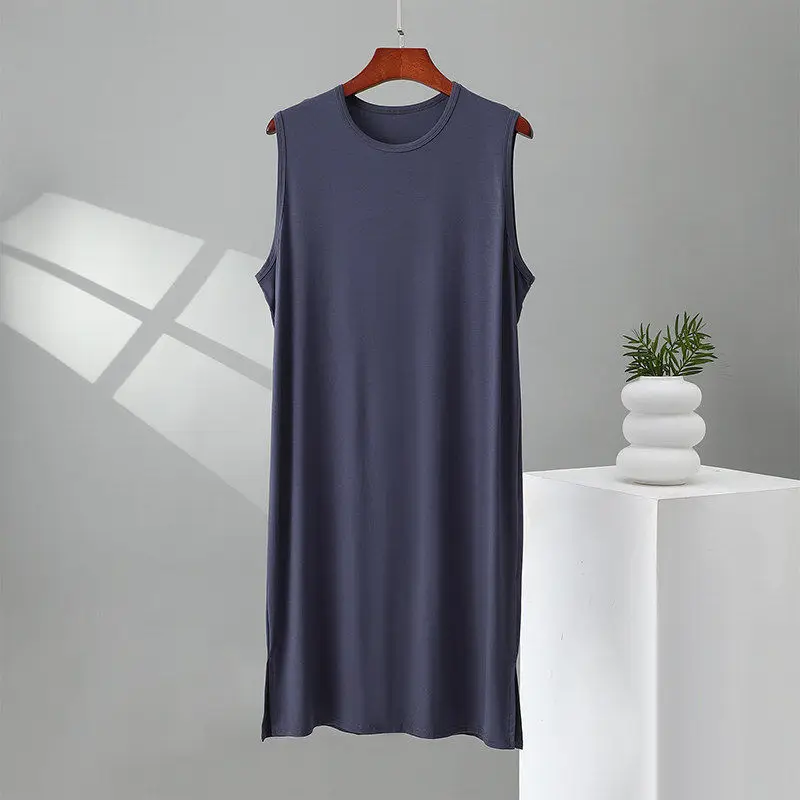 Men's Summer Modal Sleepwear Loose Vest Skirt Morning Robe Bathrobe Large Size Mid-Length Sleeveless Nightgown Thin Sleep Dress