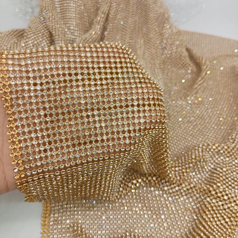 45x120cm Sparkly Gold Base Rhinestone Metal Mesh Chainmail Fabric For DIY Sewing Cosplay Dress Bag Garment Body Jewelry