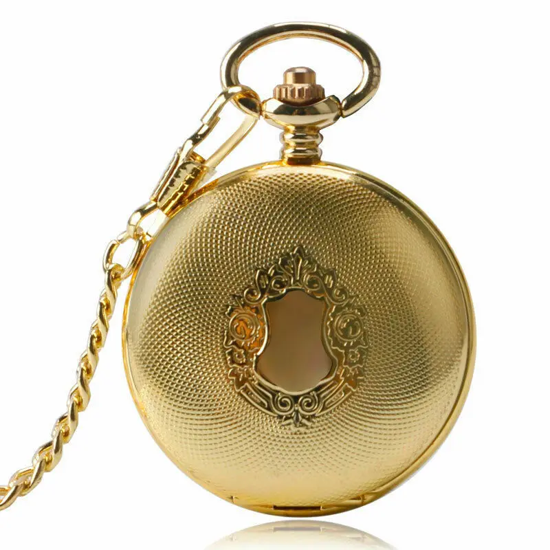 Reloj de bolsillo mecánico con cadena, reloj de bolsillo con movimiento automático, números romanos, Escudo Dorado, Estilo Vintage, el mejor regalo, novedad