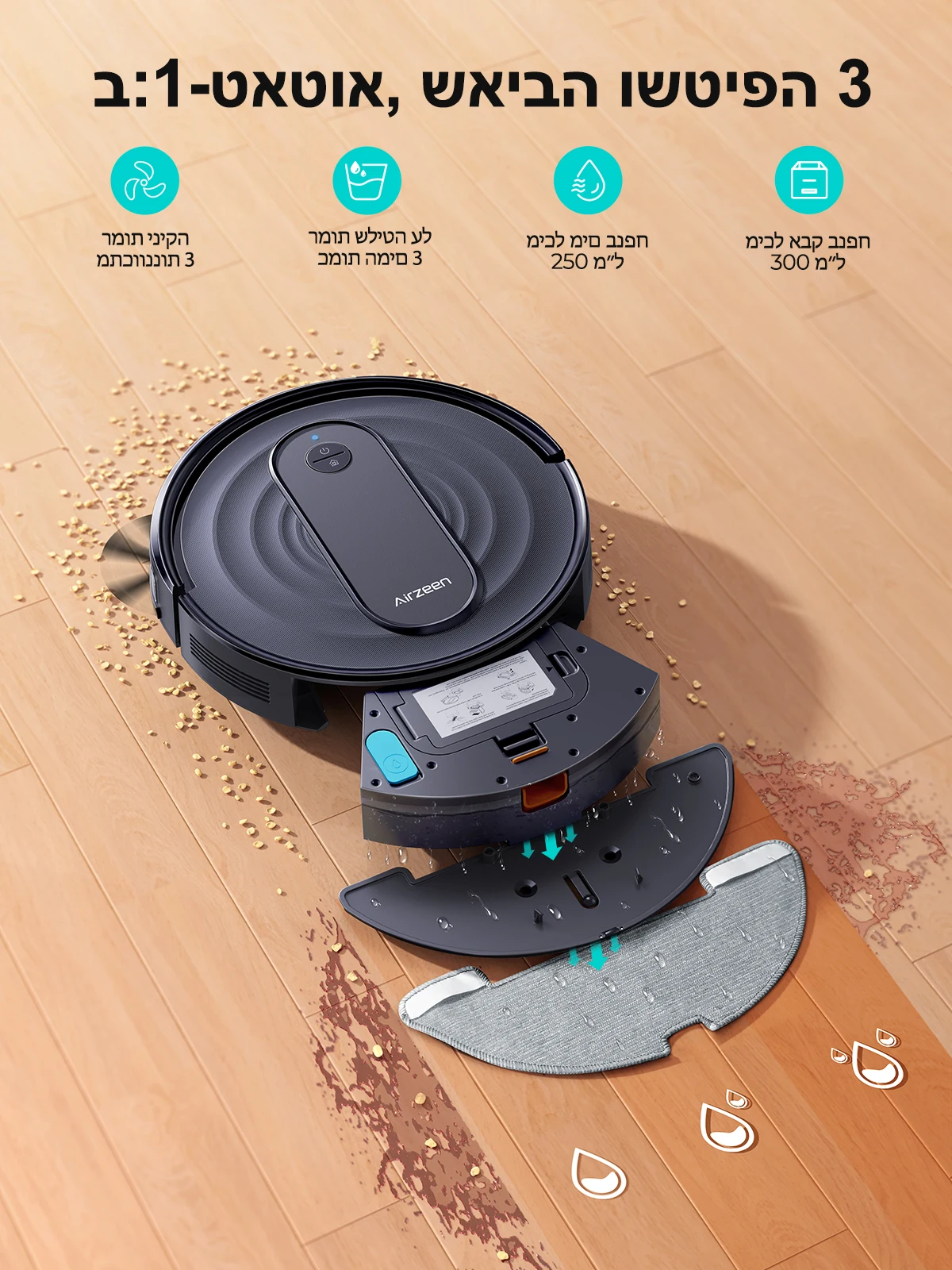Airzeen Robot Vacuum and Mop Combo 3000Pa 150 Mins App Control Scheduled Cleaning Self-Charging Wi-Fi Connected Robotic Vacuum