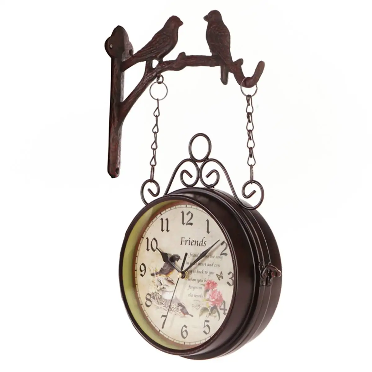 

Two Birds on Branch With Rose Flower Design Double Sided Round Hanging Wall Mounted Decor Iron Clock